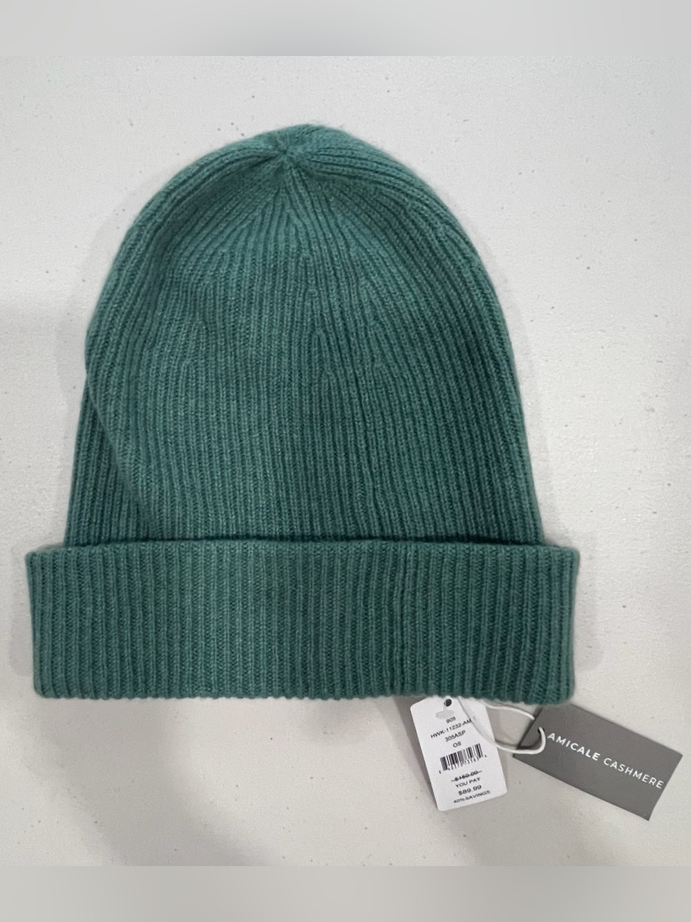 NWT Amicale Cashmere 100% Cashmere Sage Green Rib Knit Beanie Hat One Size